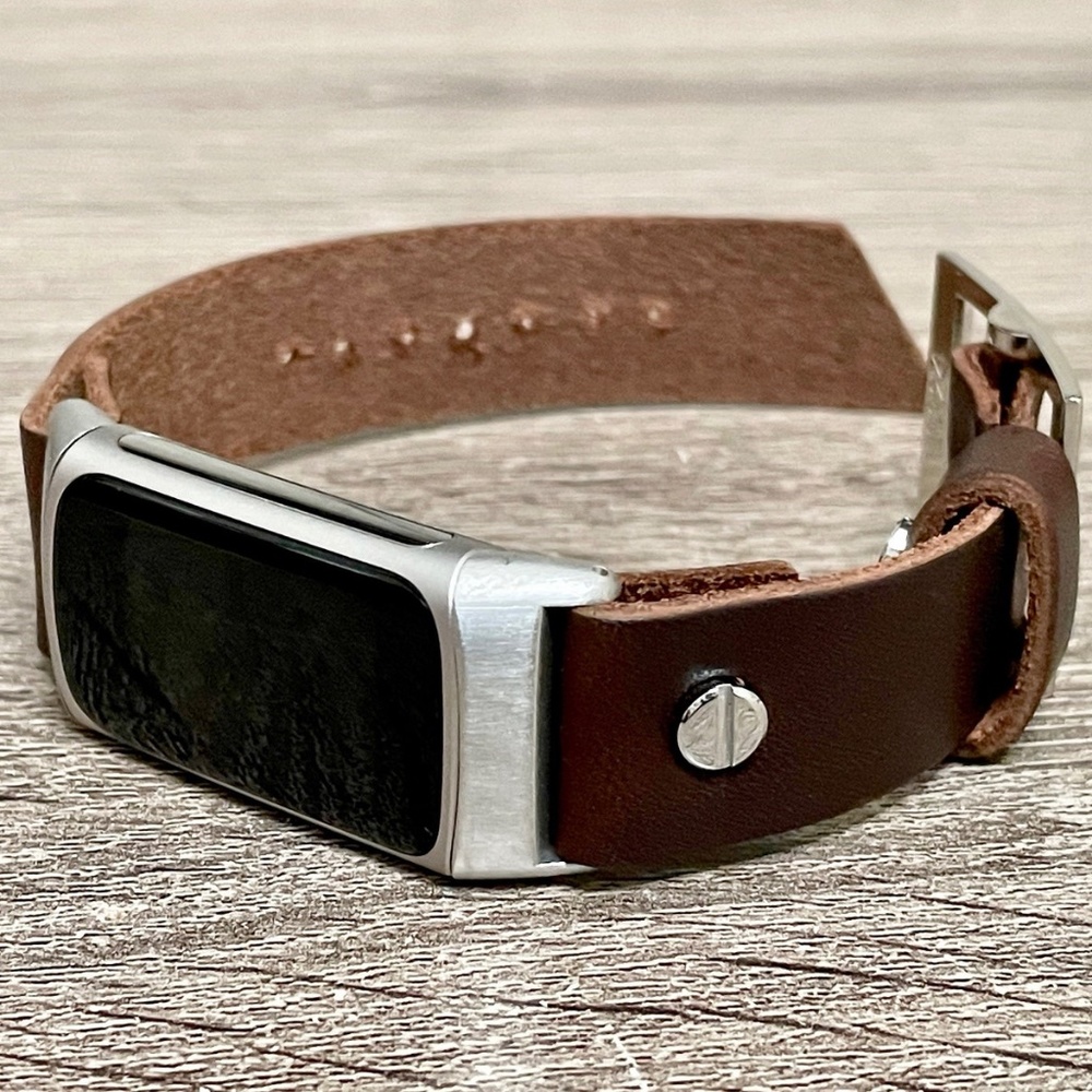 Dark Brown Leather Silver Fitbit Charge 5 Band Women Strap Bracelet